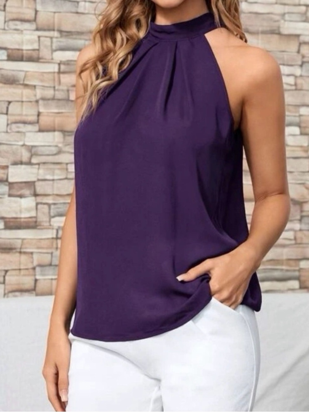 NWOT Purple halter neck sleeveless blouse, Large